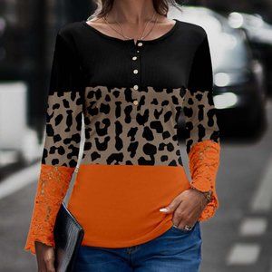 LA MODE | Off-Black & Orange Leopard Color Block Long Sleeve (Size: Large)